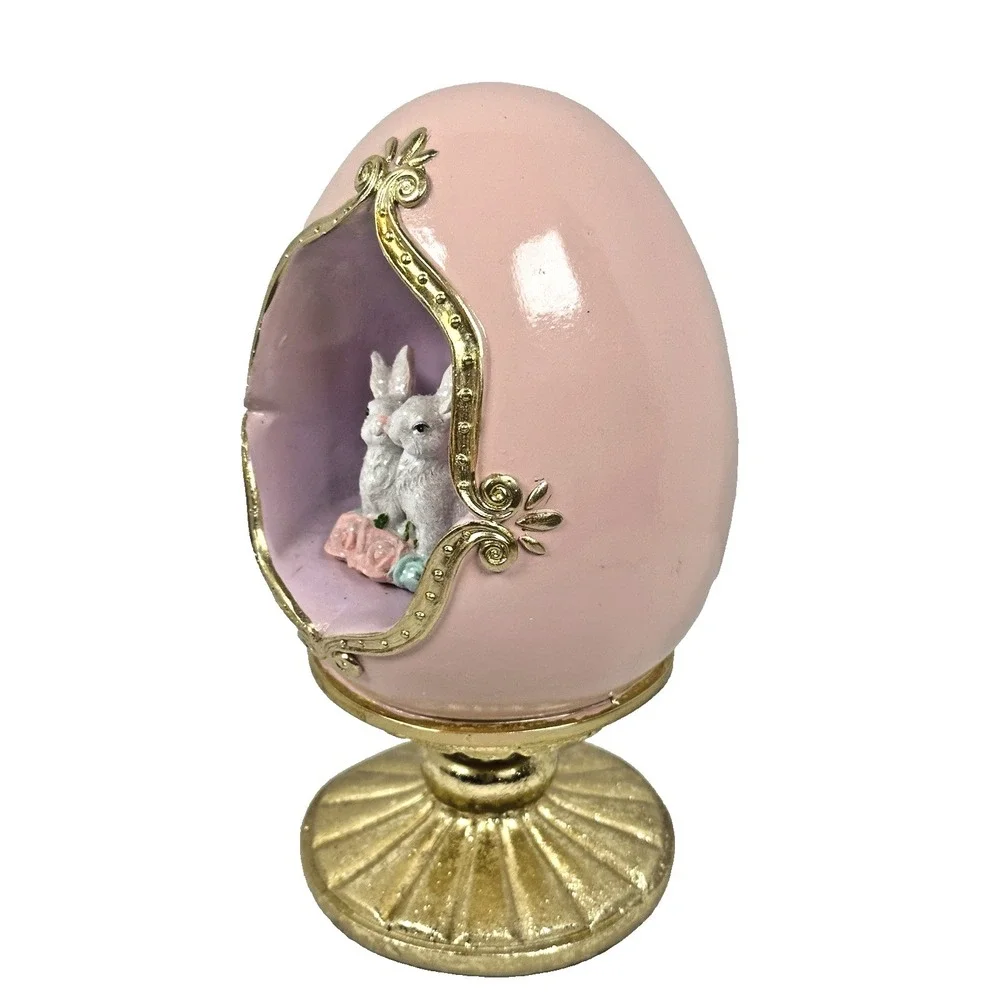 Easter Egg Bunny Figurine Pink Gold Pedestal Spring Easter Decor Two Rabbits